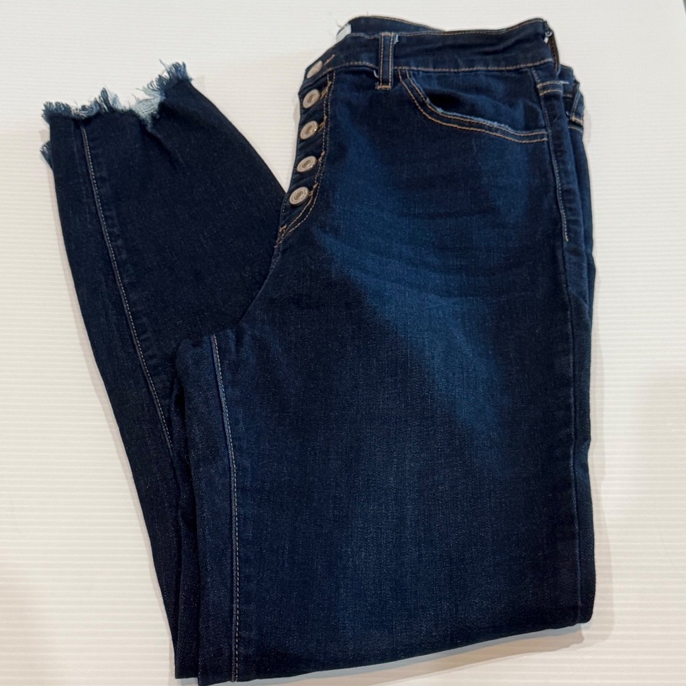 Kancan High Rise Skinny Jeans Dark Wash Button Fly Frayed Step Hem KC7273D 13/30